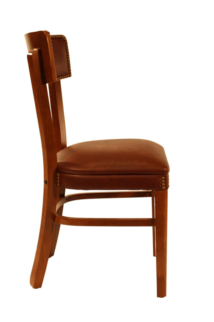 Classic wooden chair with padded seat and backrest.