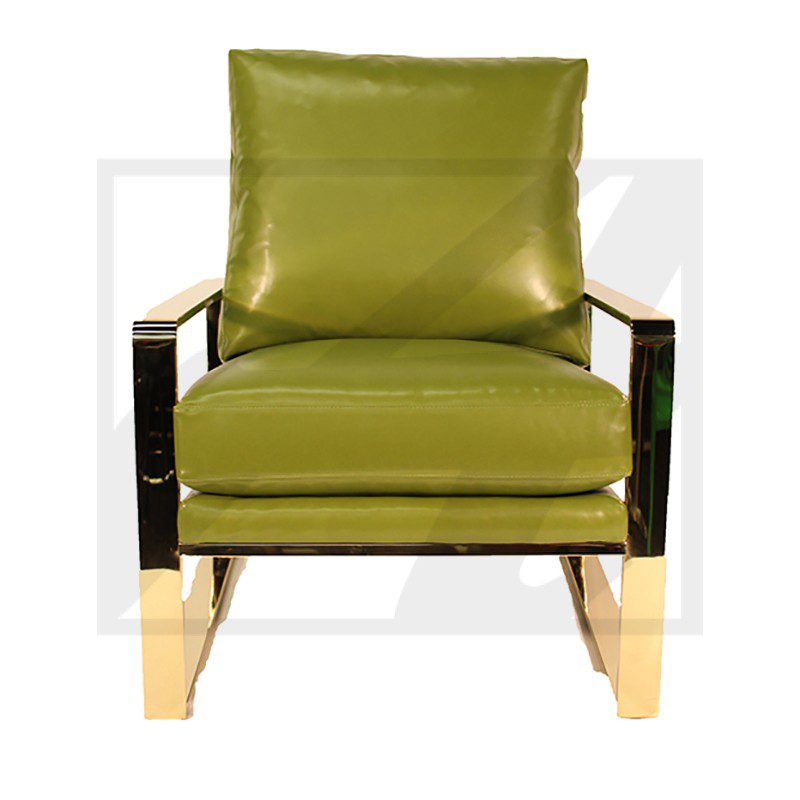 Modern green leather armchair with wooden legs and black armrests.