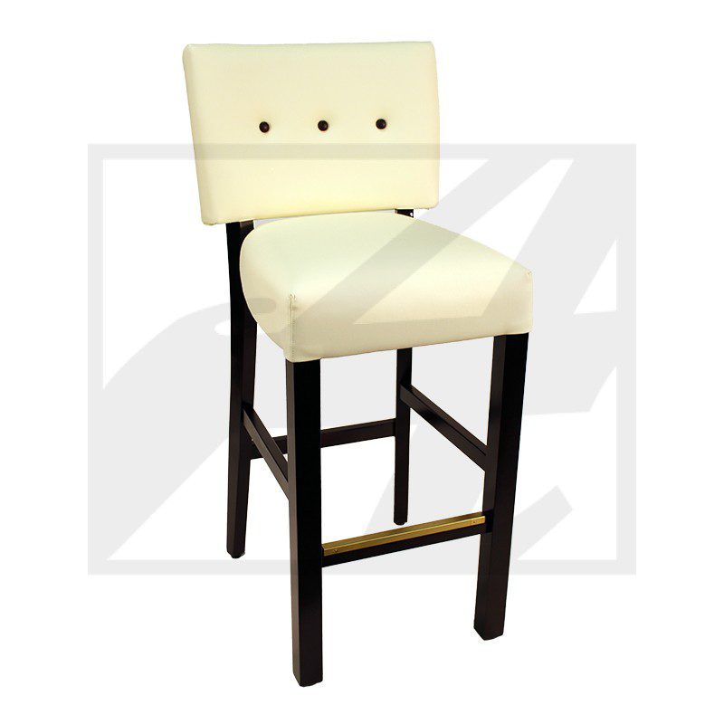 Cream-colored bar stool with dark wooden legs and cushioned backrest.
