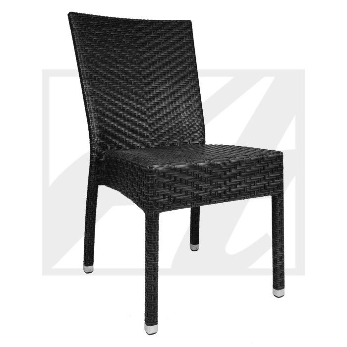 Black wicker dining chair with a modern design.