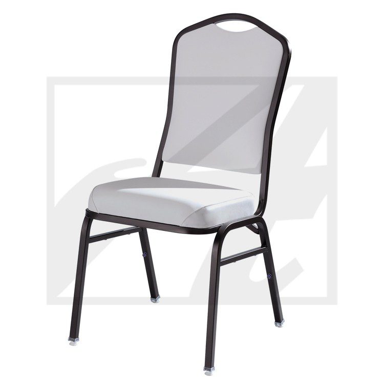 Simple metal-framed chair with cushioned seat and backrest.
