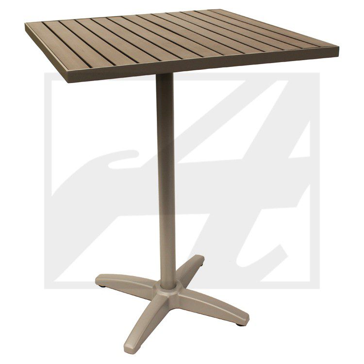 Square outdoor table with a metal base and wooden slats top.