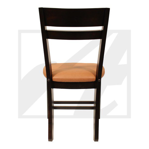 Wooden chair with a cushioned seat, viewed from the back.
