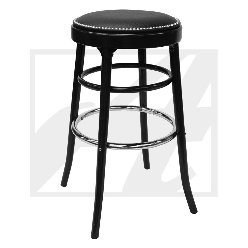 Black bar stool with cushioned seat and metal footrest.