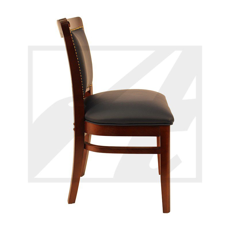 Side view of a wooden chair with cushioned seat and backrest.