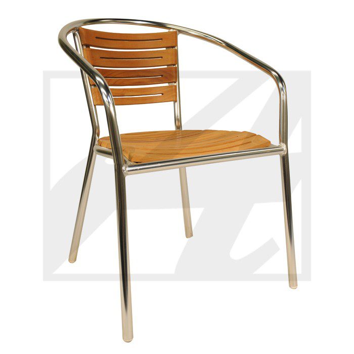 A modern chair with metal frame and wooden seat and backrest.