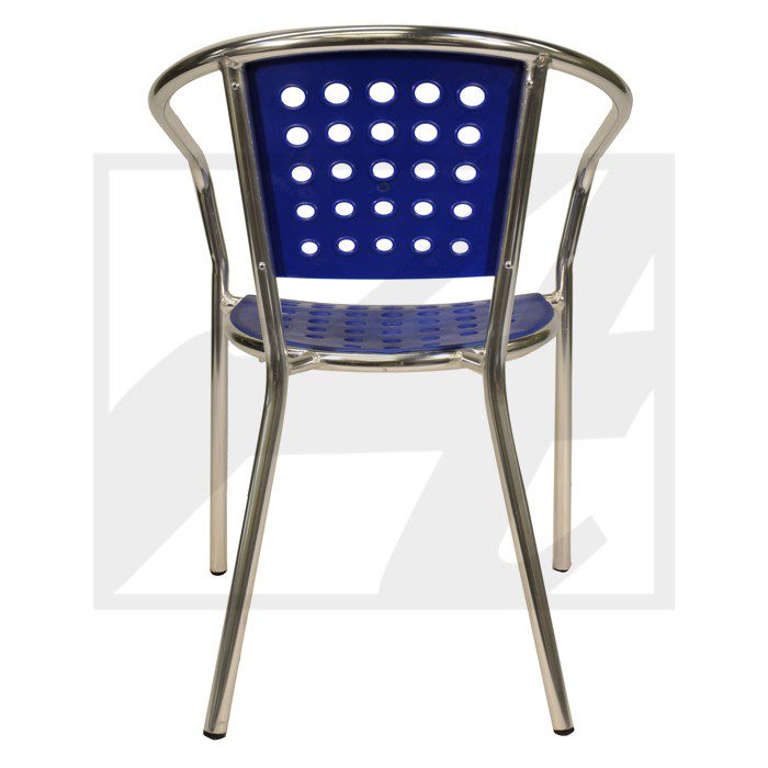 Metal and plastic chair with perforated backrest, viewed from behind.