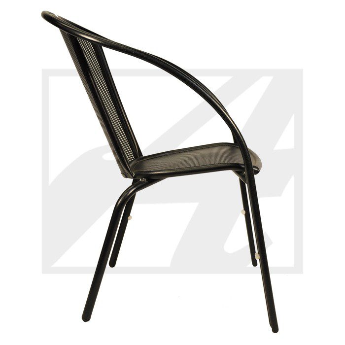 Modern black metal chair with a sleek, minimalistic design.