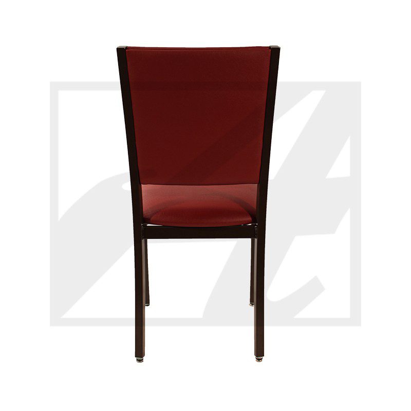 A red cushioned dining chair with dark wooden legs, shown from the back.