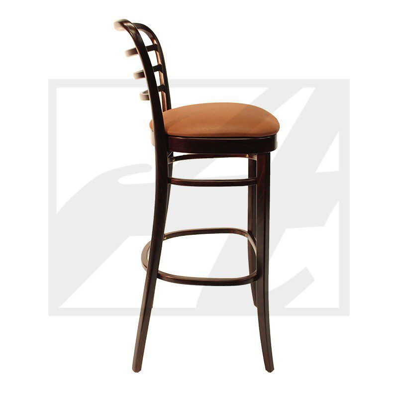 Tall wooden bar stool with a cushioned seat and curved backrest.