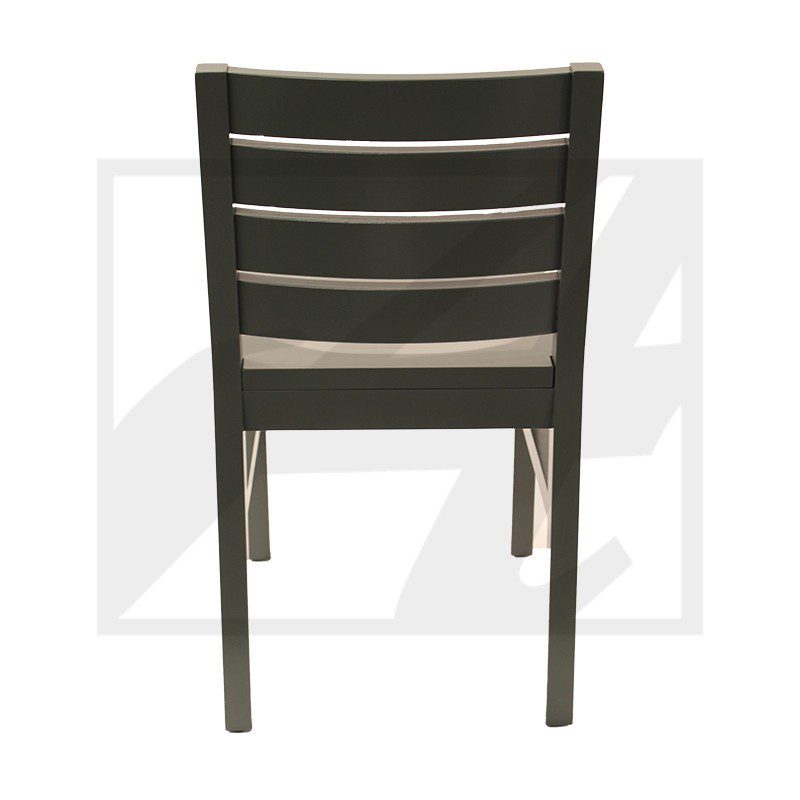 Back view of a simple wooden chair with horizontal slats.