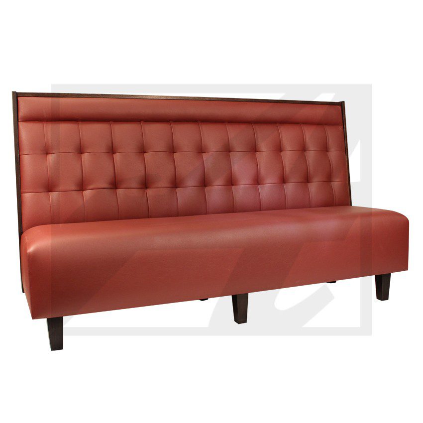 Red tufted leather bench with wooden legs.