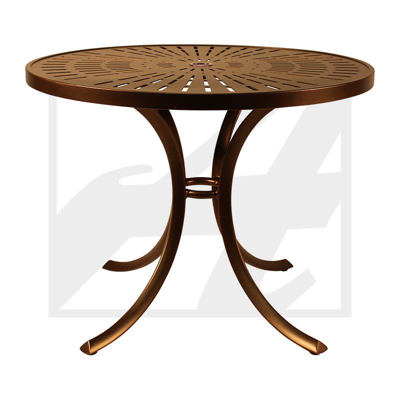 Round wooden table with decorative inlaid top and curved legs.