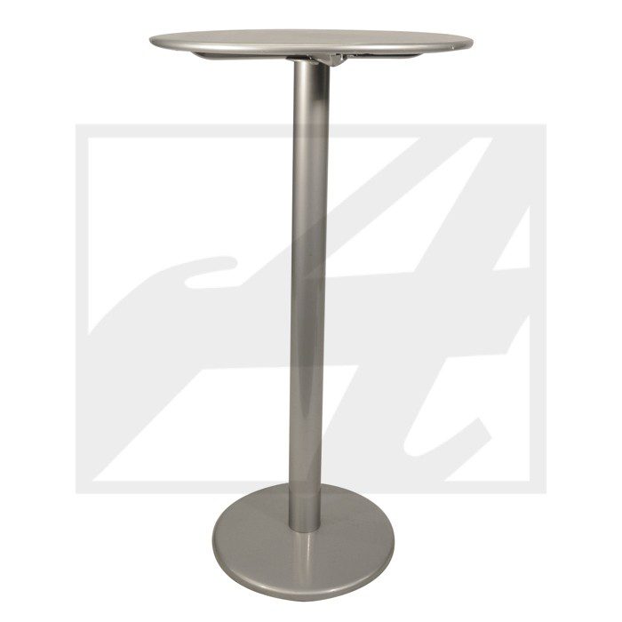 Modern metal standing table with a circular top and base.