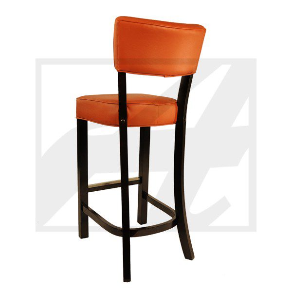 Orange cushioned bar stool with wooden legs.