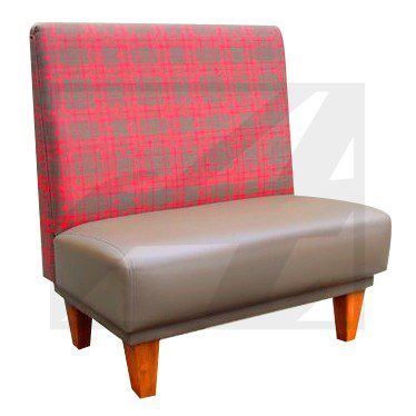 Modern chair with red plaid backrest and brown seat.