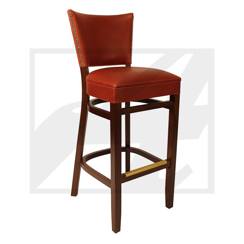 Elegant wooden bar stool with red cushioned seat and backrest.