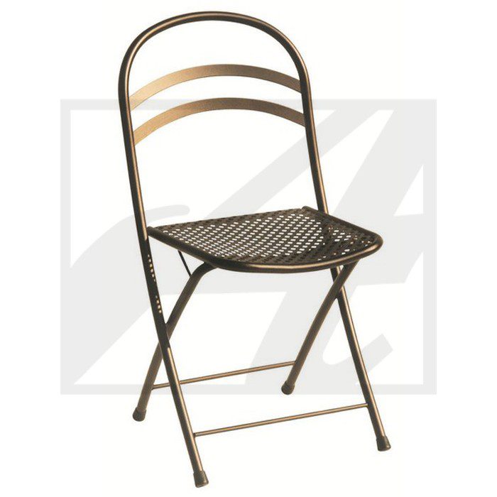 Foldable metal chair with a mesh seat and curved backrest.