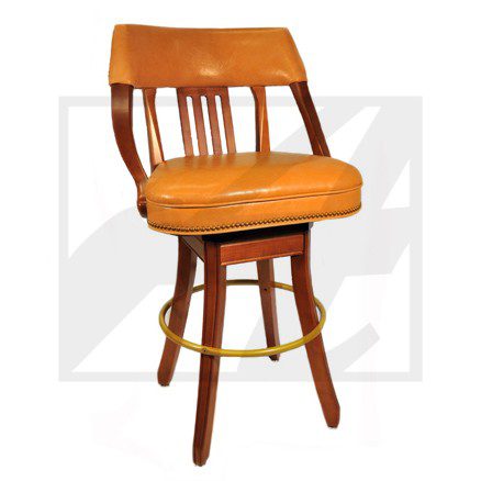 Retro wooden bar stool with padded orange seat and backrest.