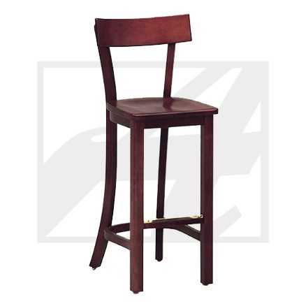 A wooden bar stool with a backrest and footrest.