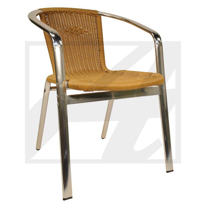 Modern chair with metal frame and woven seat and back.
