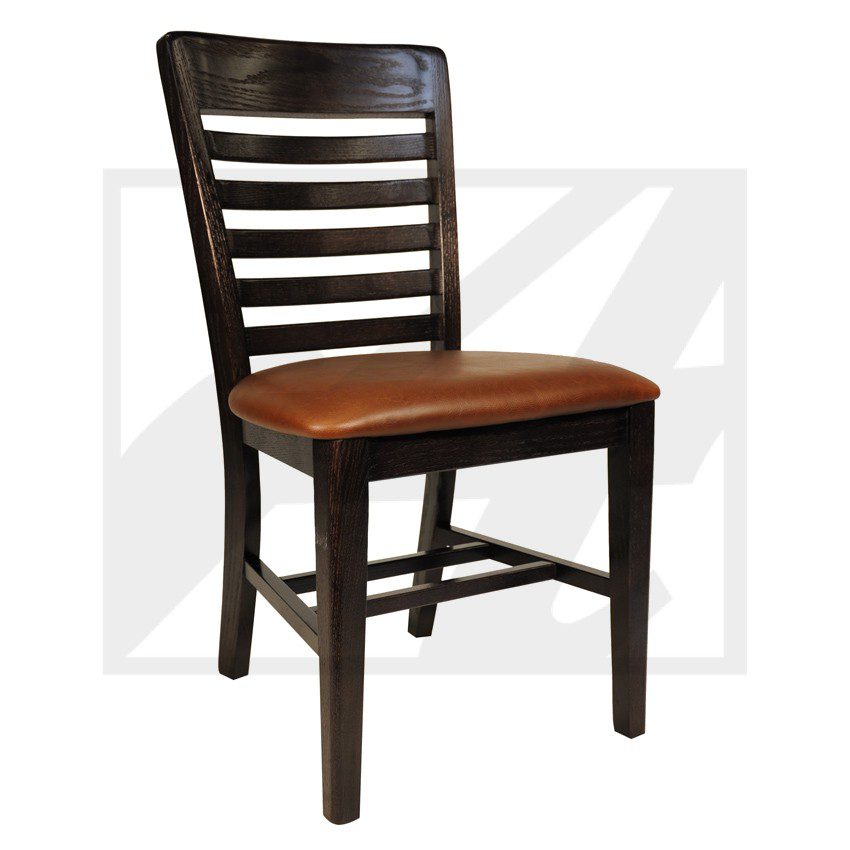 Wooden chair with a cushioned seat and slatted back.