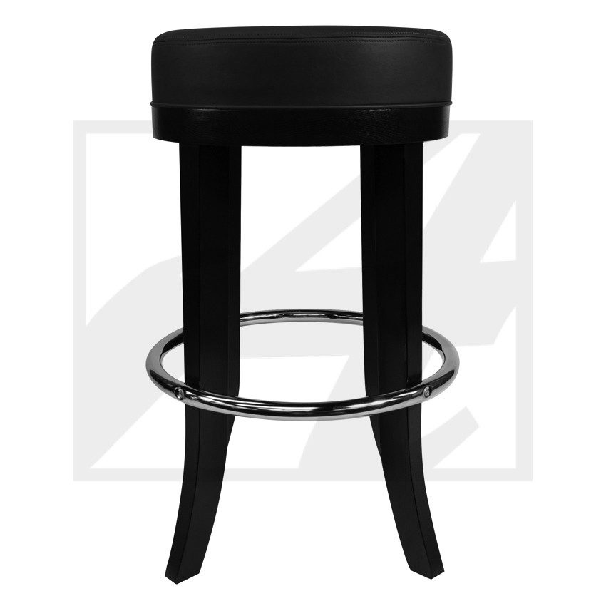 Black cushioned bar stool with wooden legs and metal footrest.