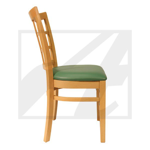 Side view of a wooden chair with green cushioned seat.