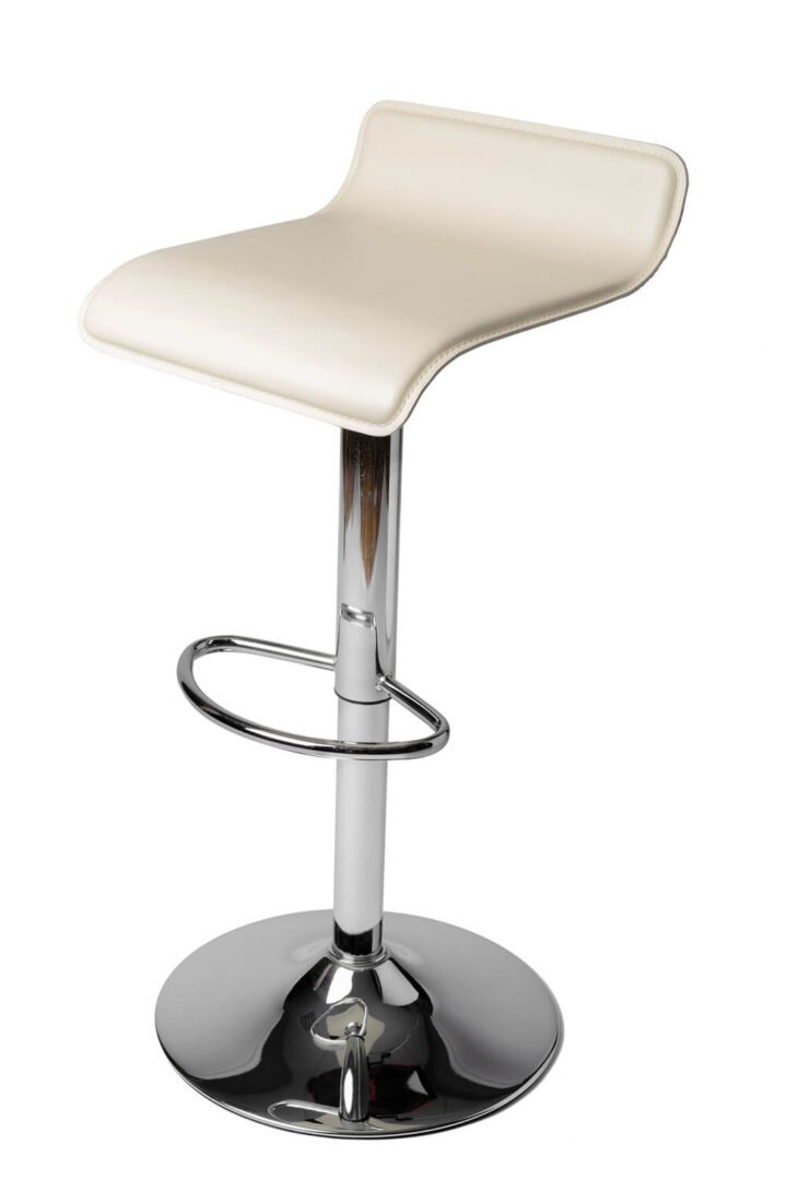 Modern white bar stool with chrome base and footrest.