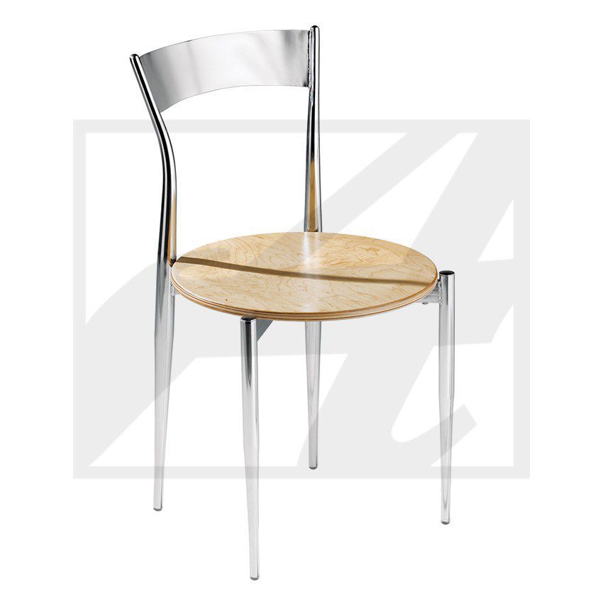 Modern chair with metal frame and wooden seat.