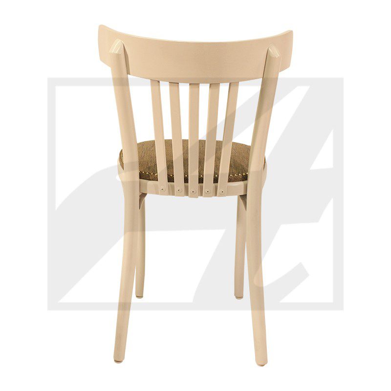 Simple wooden chair with vertical slats, viewed from the back.