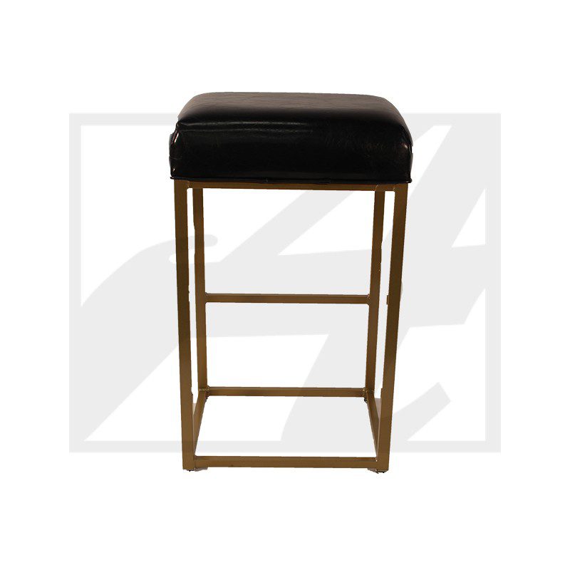 Black cushioned bar stool with gold metal frame.