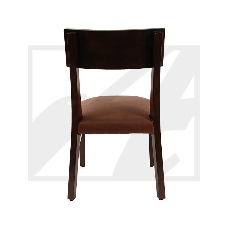 Dark wooden chair with a brown cushioned seat, viewed from the back.