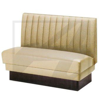 Beige leather booth seat with vertical stitching and dark base.