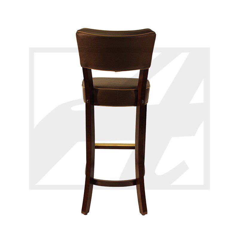 A tall wooden bar stool with a backrest and footrest.
