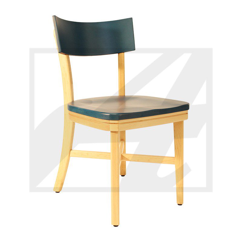 Wooden chair with a black backrest and seat cushion.