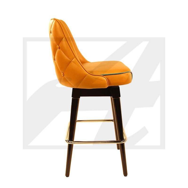 Modern orange upholstered bar stool with wooden legs.