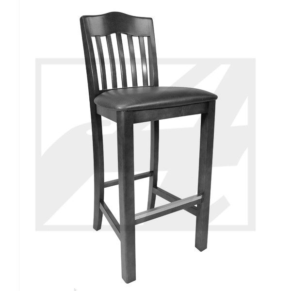 Wooden bar stool with a slatted backrest and footrest.
