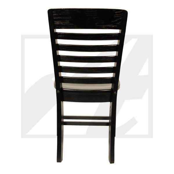 Black wooden chair with horizontal slats on the backrest.