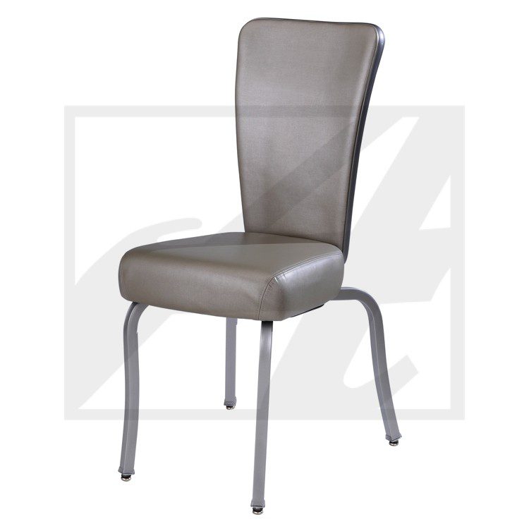 Modern gray padded chair with metal legs.