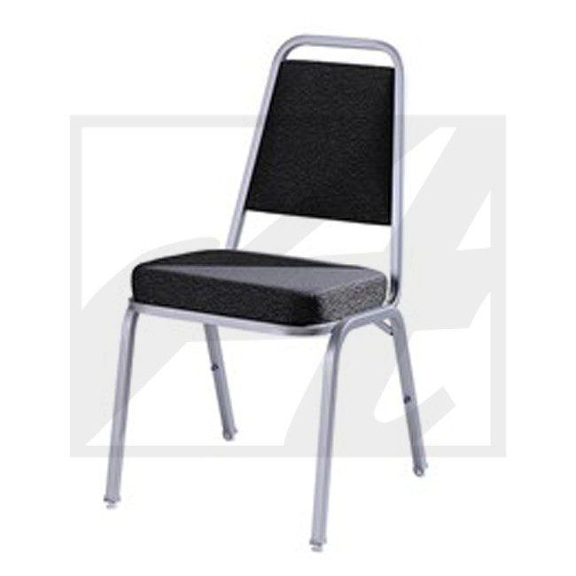 A simple metal-framed chair with a black cushioned seat and backrest.