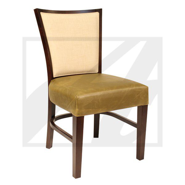 Wooden chair with cushioned beige seat and mesh backrest.