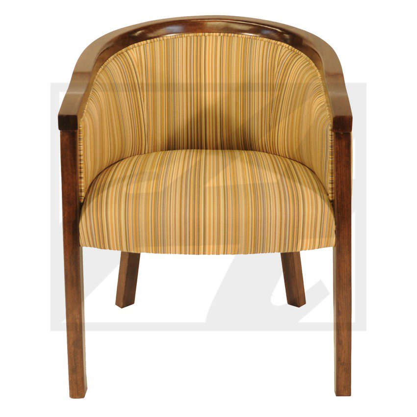 Wooden chair with striped cushioned seat and backrest.