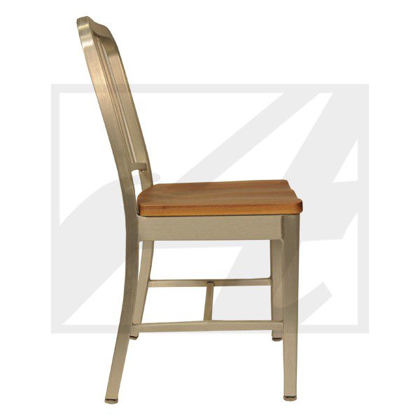Wooden chair with a simple design and slatted seat.