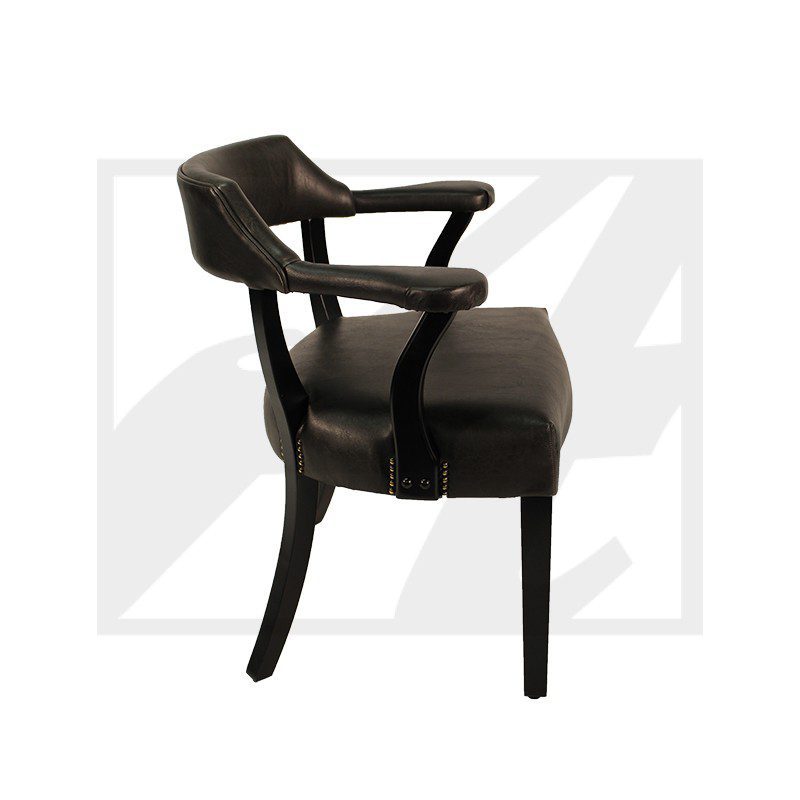 Black wooden armchair with cushioned seat and sleek design.
