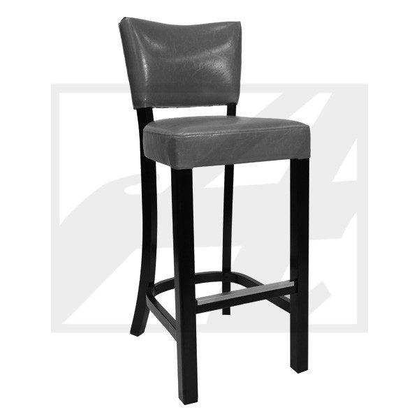 Elegant bar stool with black wooden legs and cushioned gray seat and backrest.