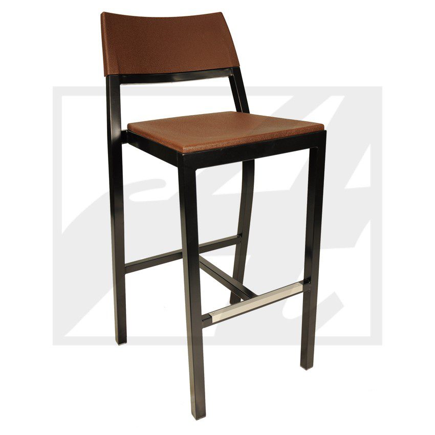 Modern bar stool with metal frame and wooden seat and backrest.