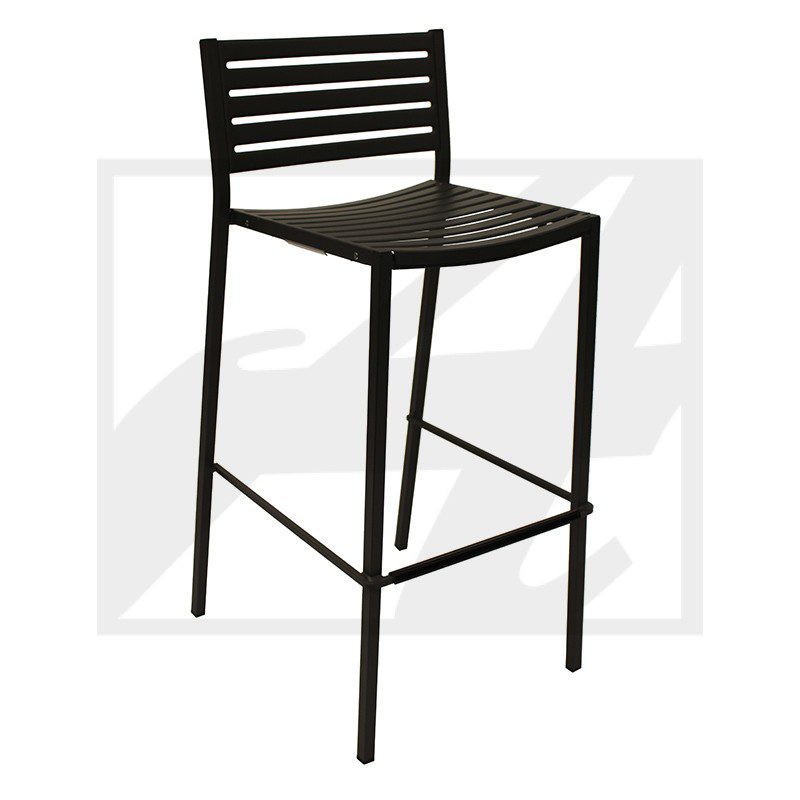Black metal bar stool with a slatted backrest and footrest.