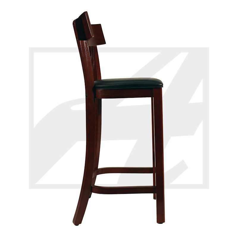 Tall wooden bar stool with a padded green seat and a backrest.
