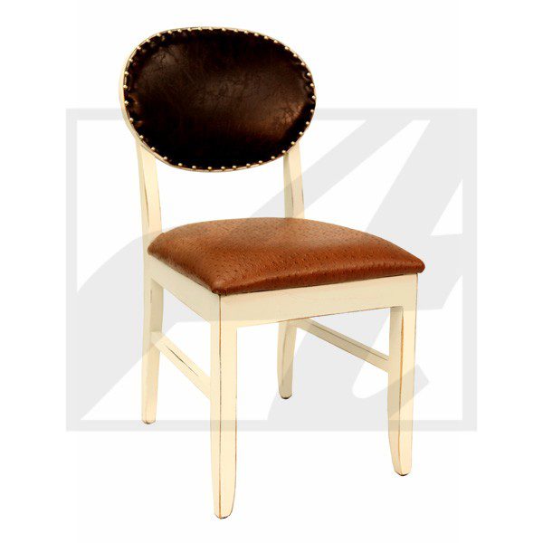 Elegant wooden chair with cushioned brown leather seat and backrest.